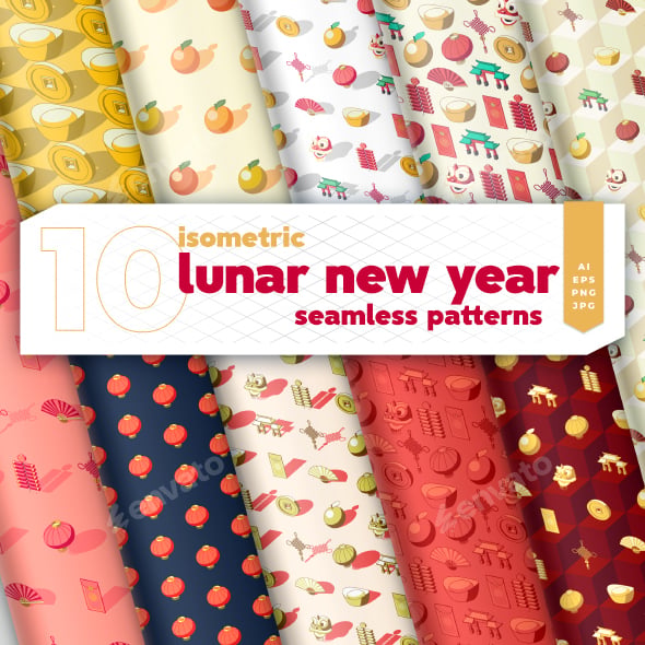 Isometric Lunar New Year Seamless Patterns