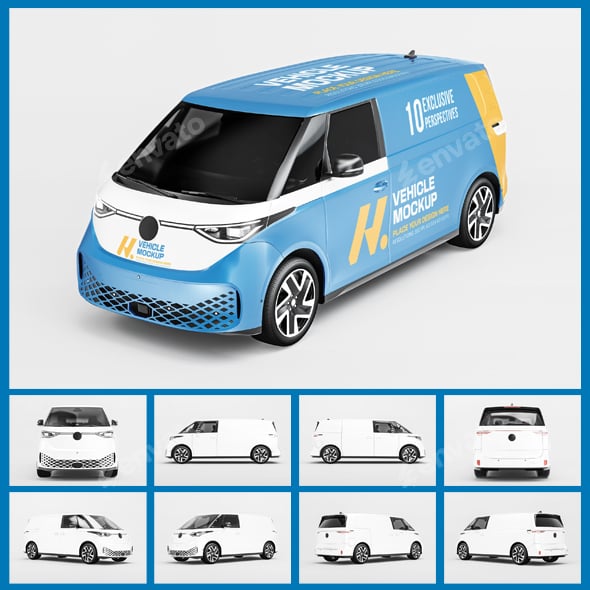 3D Rendered Volkswagen ID Buzz Electric Cargo Van LWB Wrapping Mockup Set