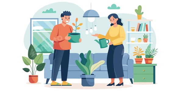 Couple watering and caring for indoor plants at home
