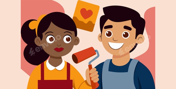 Happy couple painting their home interior together