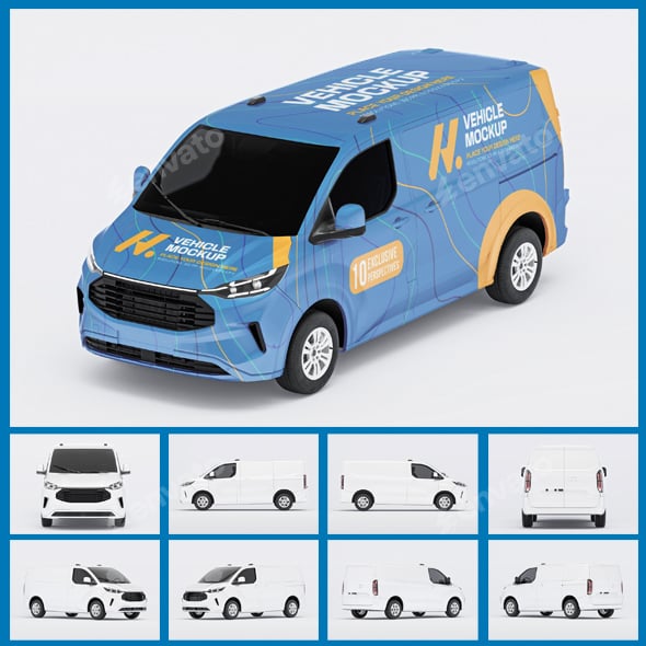 3D Rendered Ford Transit Custom Limited L1H1 Van Wrapping Mockup Set