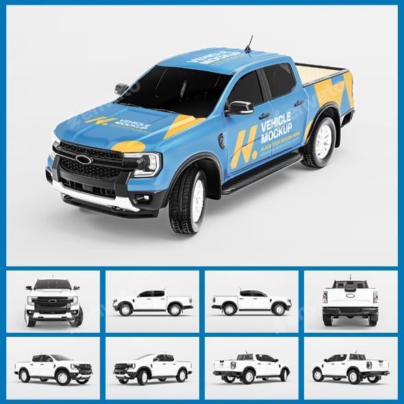 3D Rendered Ford Ranger Sport Double Cab Pickup Truck Wrapping Mockup Set
