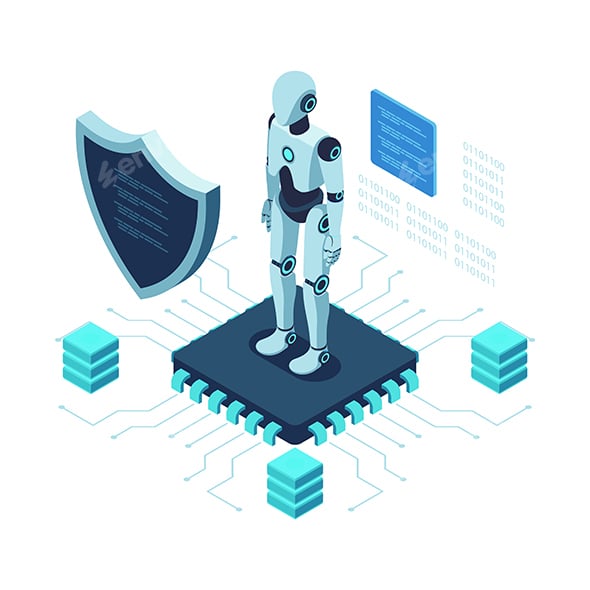 Isometric AI Cybersecurity Robot with Shield Protecting Data