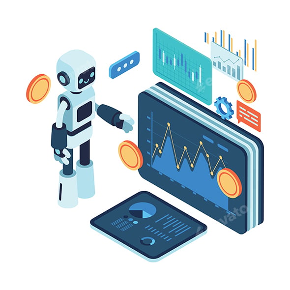 Isometric AI Robot Analyzing Financial Data and Cryptocurrency