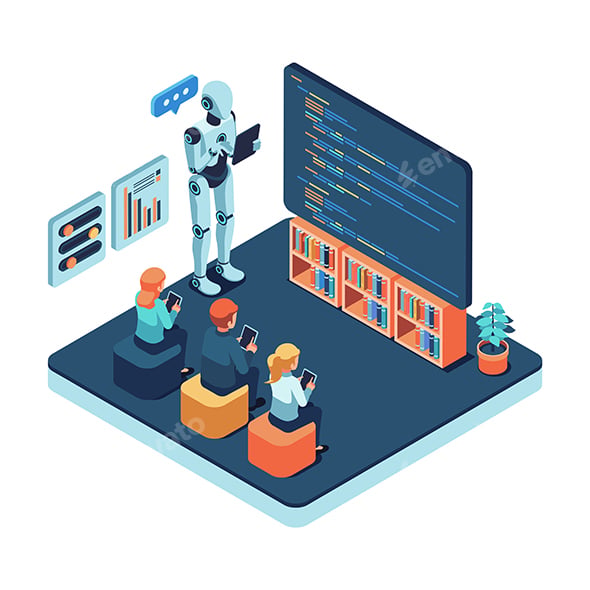 Isometric AI Robot Teacher Teaching Coding Class to Students