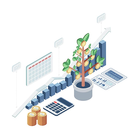 Isometric Money Tree Growth with Long Term Investment Chart