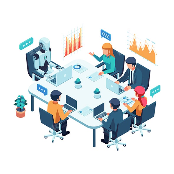 Isometric Robot and Humans Collaborating in a Business Meeting