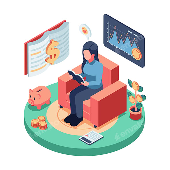 Isometric Woman Learning about Financial Literacy