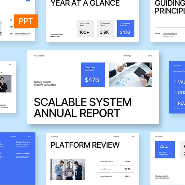Blue White Technology Company Annual Report Powerpoint Presentation