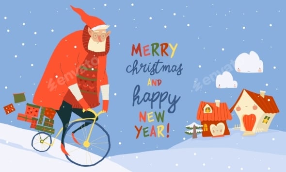 Santa Claus Riding Bicycle with Christmas Gifts