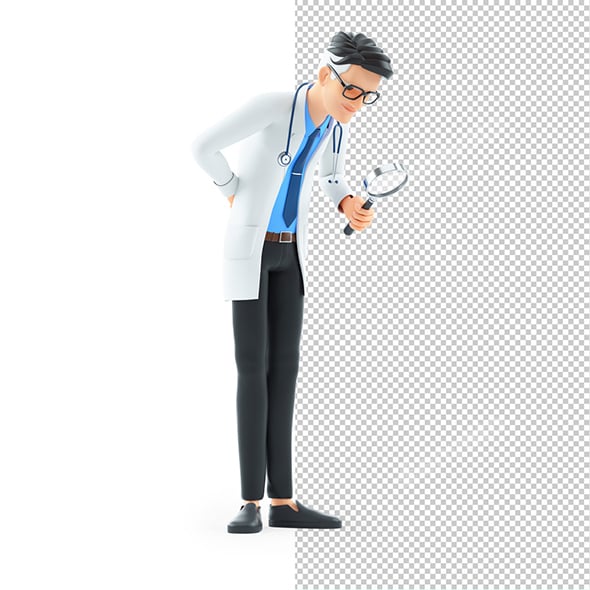 3D Cartoon Doctor Looking Through Magnifying Glass
