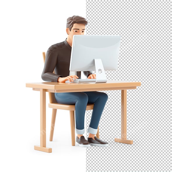 3D Cartoon Man Working on Computer at Desk