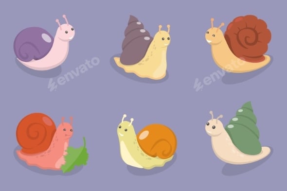 3D Isometric Flat Vector Set of Kawaii Snails