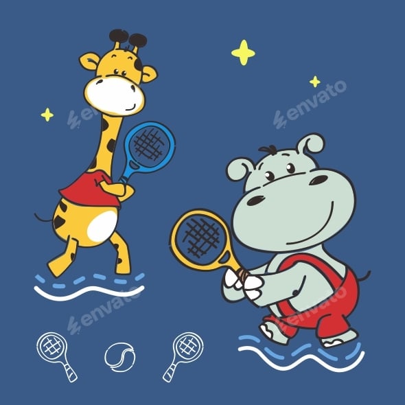Giraffe Hippo Enjoying Sports Together
