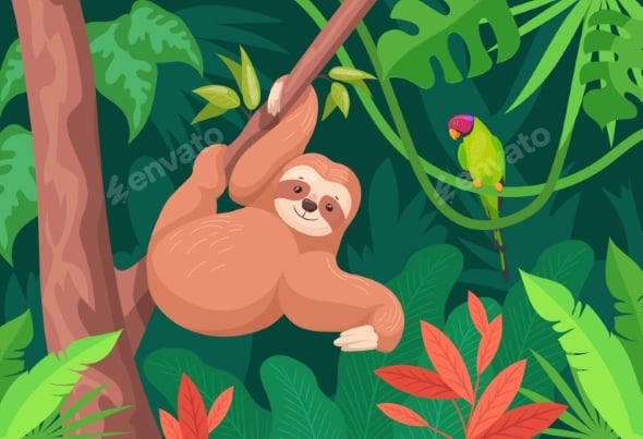 Cartoon Sloth on Branch
