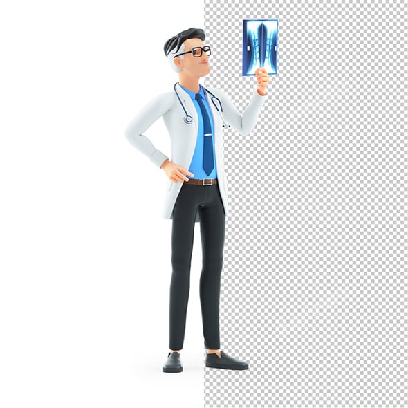 3D Cartoon Doctor Looking at X-ray