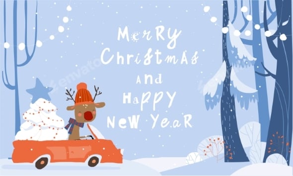 Cute Deer Driving Car in Magical Winter Forest