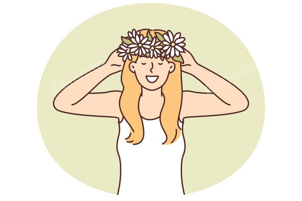 Woman Puts on Head Wreath of Spring Flowers