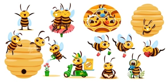 Cartoon Funny Bee Cute Cheerful Characters Set