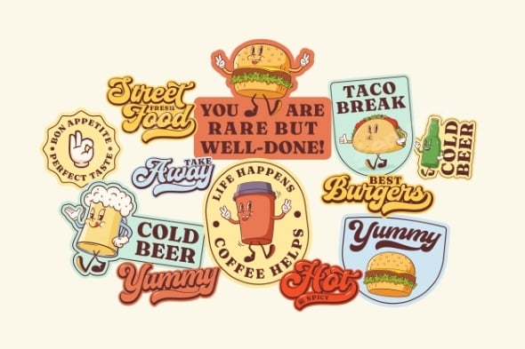 Groovy Burger Retro Character Stickers Set