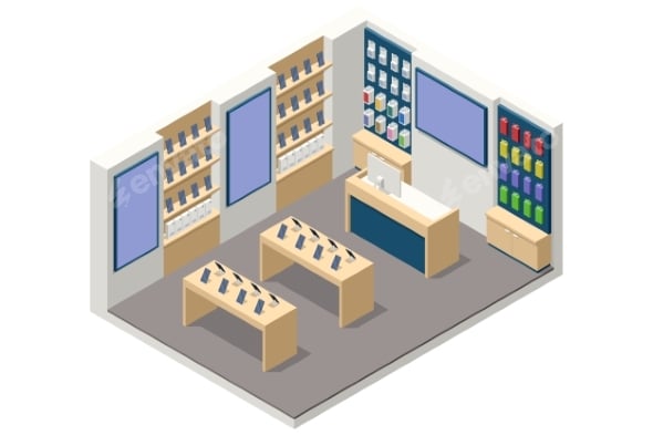 Isometric Smartphone Store Interior with Shelves