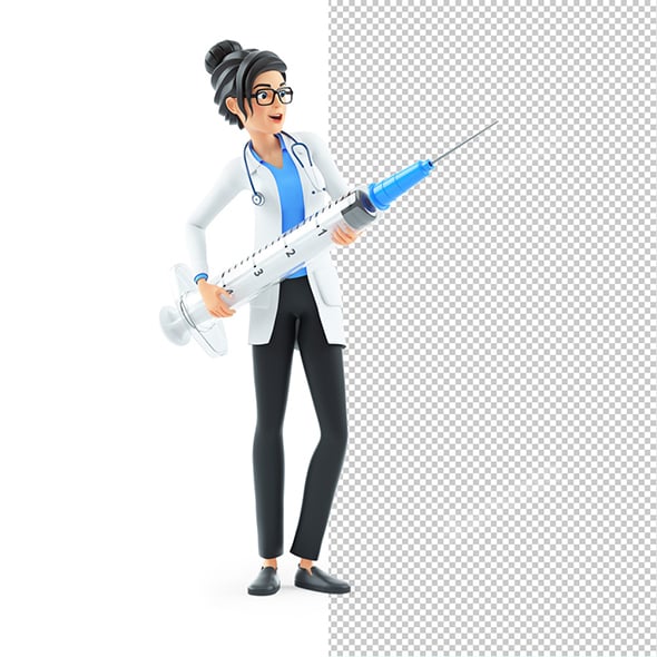 3D Cartoon Female Doctor Holding Large Syringe