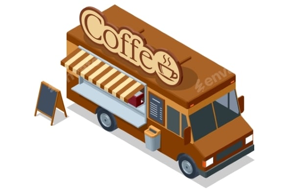 Isometric Illustration of a Coffee Food Truck with