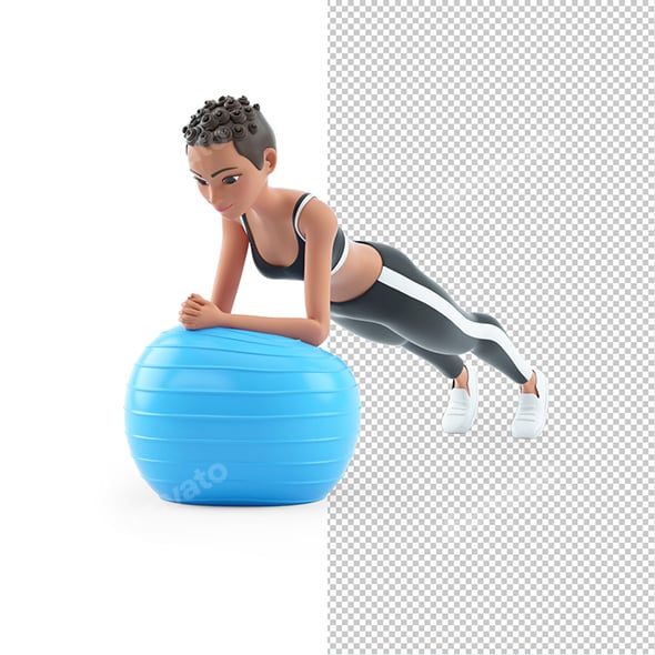 3D Sporty Character Woman Doing Exercise on Fitness Ball