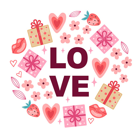 Romantic Greeting Card for Valentine's Day with Gifts and Love Text.